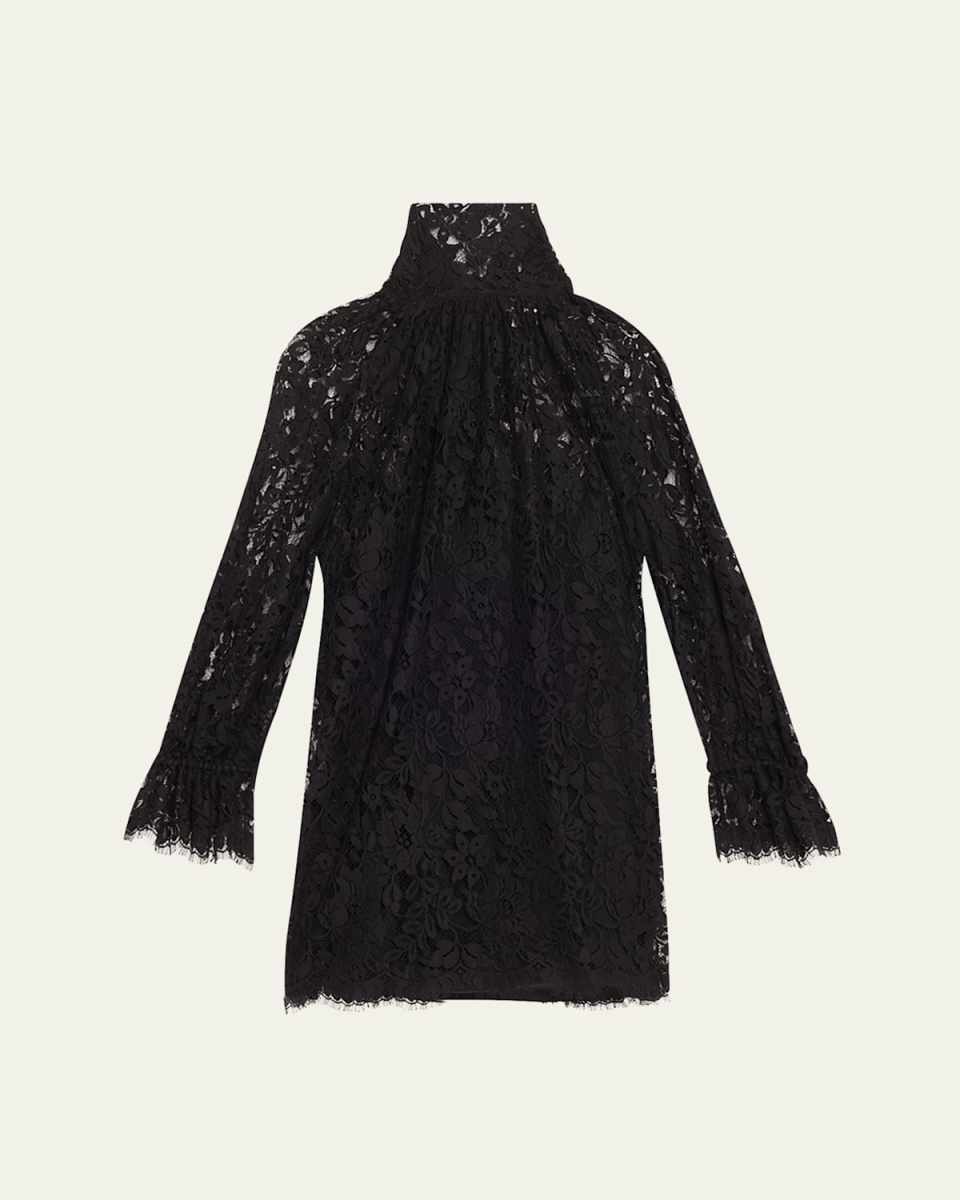 Turtleneck Long-Sleeve Lace Shift Dress